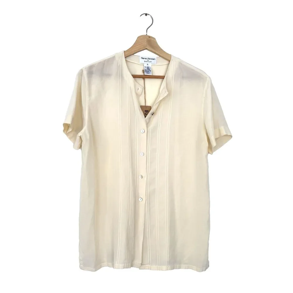 Rena Rowan 100% Silk Button Front Short Sleeve Blouse Cream Ivory Size 10